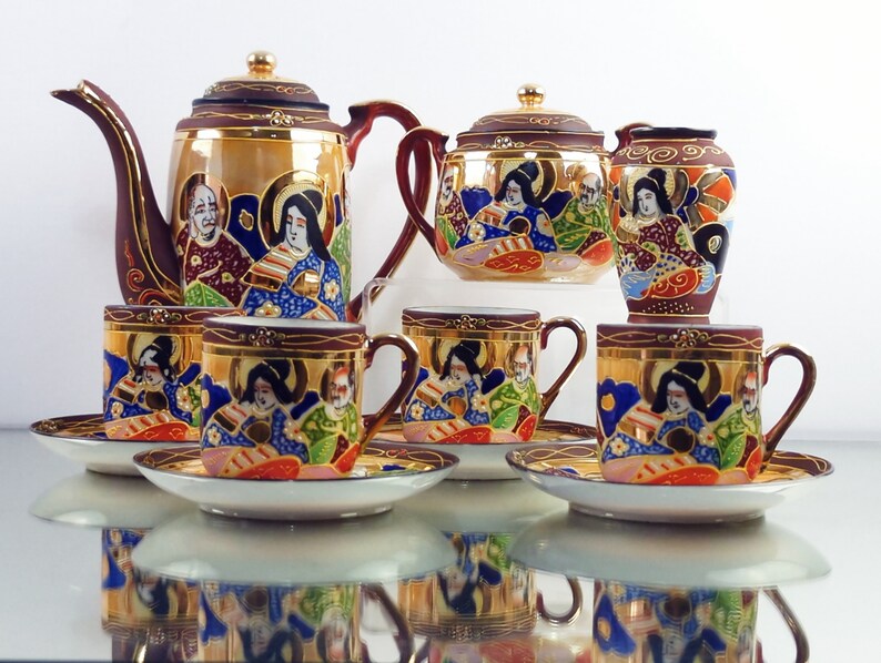 Vintage Japanese Satsuma Samurai Hand Painted Tea Set Etsy