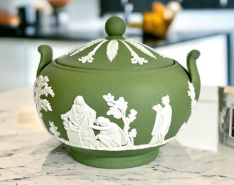 Vintage Wedgwood Jasper Ware White On Sage Green Sugar Pot