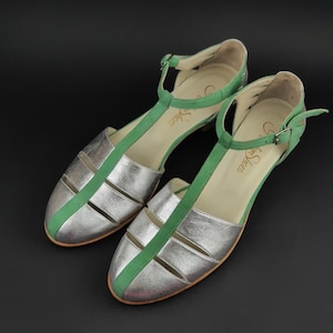 Harmony in Silver Leather and Mint Green Suede Women Swing Dance Shoes Vintage Shoes Customized Harlem Shoes zdjęcie 1