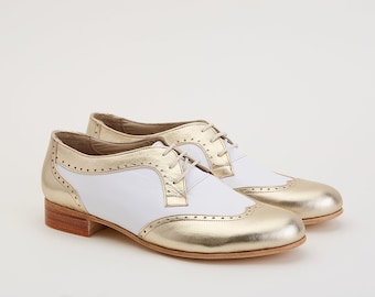 Women’s Oxfords in Platinum Gold & White Leather | Women Swing Dance Shoes | Vintage Shoes | Customized | Harlem Shoes