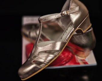 Rosy in Rose Gold Leather Women Swing Dance Shoes Vintage