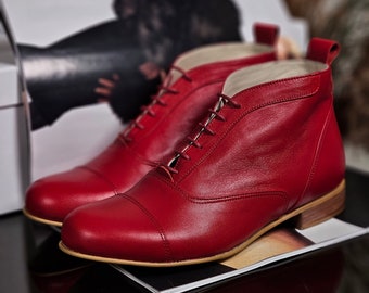 Botas lisas em couro vermelho | Sapatos femininos para dança swing | Sapatos vintage | Personalizados | Sapatos do Harlem