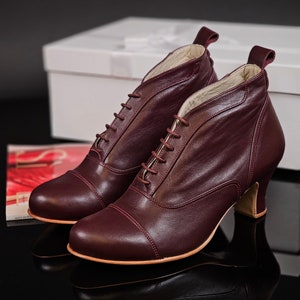 Gładkie buty ze skóry bordowej | Damskie buty do tańca swingowego | Buty vintage | Spersonalizowane | Buty Harlem