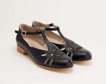 Frühling in Schwarzen Leder | Frauen Swing Tanzschuhe | Vintage Schuhe | Angepasst | Harlem Schuhe