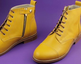 Botas Derby com Zíper em Couro Amarelo | Sapatos Unissex para Dança Swing | Personalizadas | Harlem Shoes
