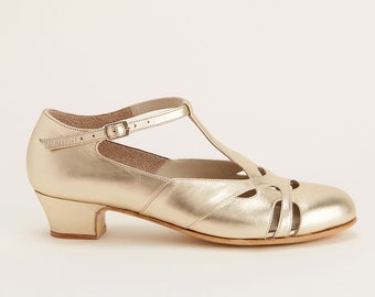 Spring in Platinum Gold Leather Women Swing Dance Shoes Vintage Shoes  Customized Harlem Shoes