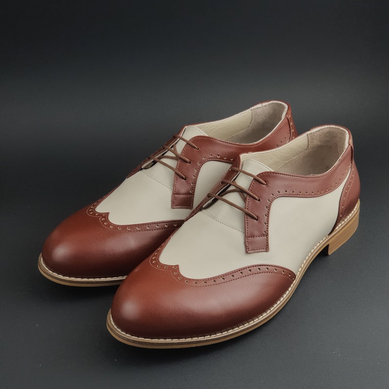 1950s Men’s Shoes | Boots, Greaser, Rockabilly     Men’s Oxfords in Brown & Beige Leather | Swing Dance Shoes | Vintage Shoes | Customized | Harlem Shoes  AT vintagedancer.com