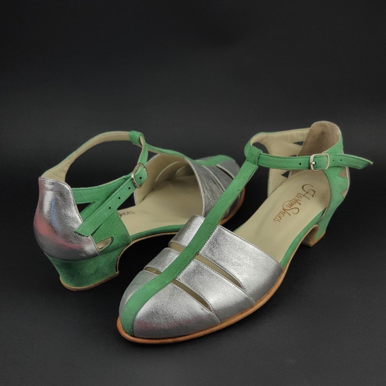 Harmony in Silver Leather and Mint Green Suede Women Swing Dance Shoes Vintage Shoes Customized Harlem Shoes zdjęcie 2