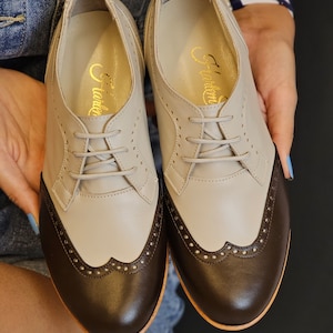Damen Oxfords aus beigem & dunklem Schokoladenleder | Frauen Swing Tanzschuhe | Vintage Schuhe | Angepasst | Harlem Schuhe