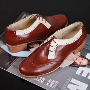 Damen Oxfords in Braun & Top Beige Leder | Frauen Swing Tanzschuhe | Vintage Schuhe | Angepasst | Harlem Schuhe