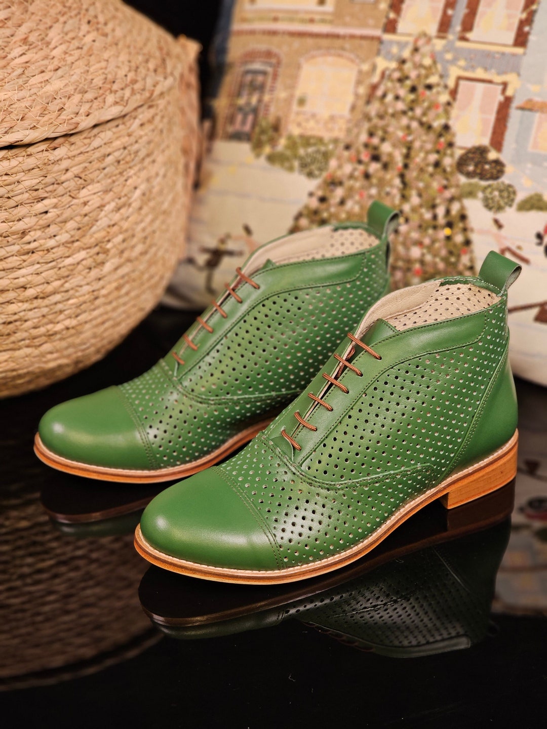 Smooth Boots in Perforated Avocado Leather Women Swing Dance