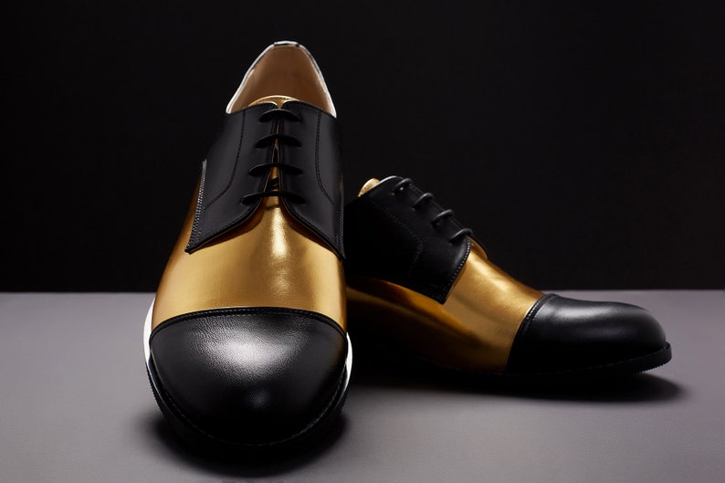 Mens Vintage Dance Shoes – Lindy, Ballroom, Tap Men Swing Dance Shoes Men’s California black & gold eco leather handmade by Harlem Shoes $200.80 AT vintagedancer.com