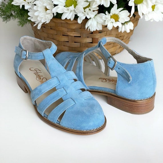 Sandals in Baby Blue Suede Women Swing Dance Shoes Vintage Shoes