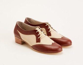 Women's Oxfords in Brown & Beige Leather | Women Swing Dance Shoes | Vintage Shoes | Customized | Harlem Shoes