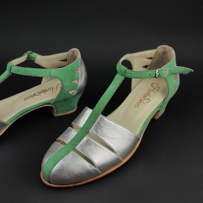 Harmony in Silver Leather and Mint Green Suede Women Swing Dance Shoes Vintage Shoes Customized Harlem Shoes zdjęcie 3