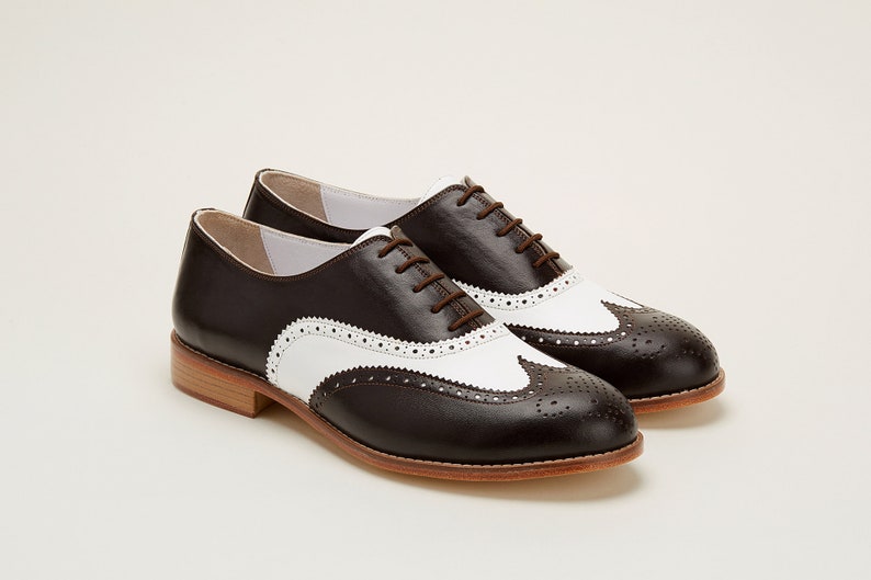 1940s Men’s Shoes & Boots | Gangster, Spectator, Black and White Shoes     Brogue in Dark Chocolate & White Leather | Unisex Swing Dance Shoes | Vintage Shoes | Customized | Harlem Shoes  AT vintagedancer.com