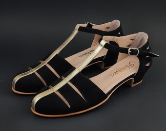 Harmony in Black Suede with Platinum Gold Leather line | Women Swing Dance Shoes | Vintage Shoes | Customized | Harlem Shoes