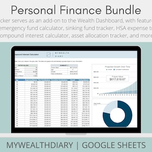 May include: A laptop screen displaying a Google Sheet spreadsheet with a compound interest calculator. The spreadsheet shows a projected growth over time graph with a future value of $617,619.67. The spreadsheet is titled "MyWealthDiary | Google Sheets".