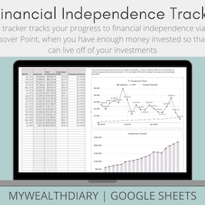 May include: A laptop screen displaying a spreadsheet with a financial independence tracker. The spreadsheet includes columns for month, expenses, total investments, calculated growth, and average expenses. The spreadsheet also includes a graph showing investment growth and a graph showing expenses and average expenses.