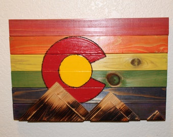 Colorado Gay Pride Rustic Wooden Flag with 3D mountains