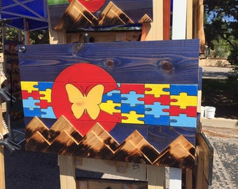 Autism Awareness Themed Rustic Wooden Colorado Flag with 3D Mountains