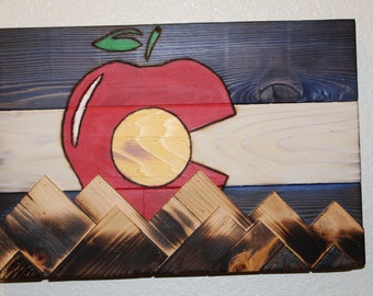 Colorado Teacher Themed Rustic Wooden Flag with 3D mountains