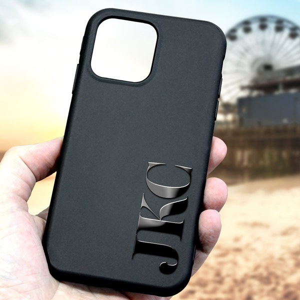 Coque pour iphone avec monogramme sur le côté, coque de téléphone personnalisée, noir élégant et subtil