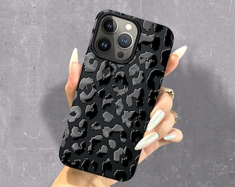 Funda para iPhone Black Leopard Funda para teléfono Leopard Funda para teléfono con nombre Inıtıals Estampado de guepardo en relieve Estampado animal