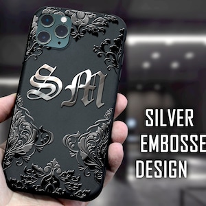 Personalized Gothic iPhone case Old English Monogram Phone case phone case Goth tattoo Embossed Stylish Silver