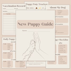 以下が含まれることがあります： 新しい子犬の飼い主のための印刷可能なガイド。このガイドには、ワクチン接種記録、トイレトレーニング、毎日のルーチン、子犬のチェックリスト、犬に関する情報を記録するセクションが含まれています。このガイドには、ハイタッチをする手と足のイラストが描かれています。
