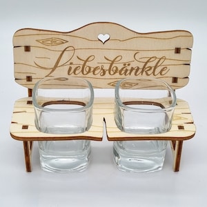 Schnapsbank with engraving &quot;Liebesbänkle&quot; including square glasses