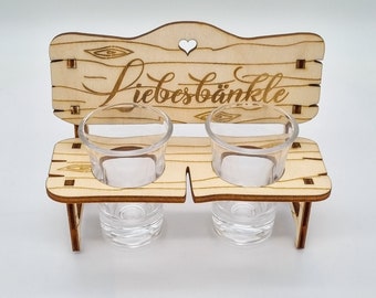 Schnaps bank with engraving "Liebesbänkle" incl. round glasses