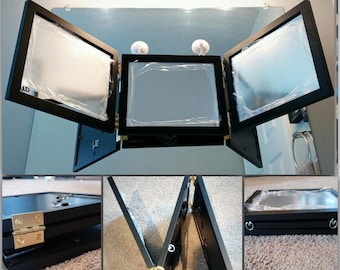 Custom Tri Fold 3 Way Mirror Black Wood Frame 8x10 Mirrors For Make up or Haircuts MEN WOMEN