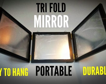 Custom Tri Fold Three Way Hanging Mirror | Black Wood Frames | Great For Make up/Haircuts | Men/Women | Easy To Hang | Portable