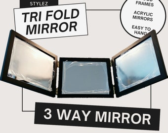 Custom Tri Fold Three Way Hanging Mirror | Black Wood Frames | Great For Make up/Haircuts | Men/Women | Easy To Hang | Portable