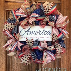 Deco Mesh Patriotic Wreath, America Farmhouse Decor, 4th of July
