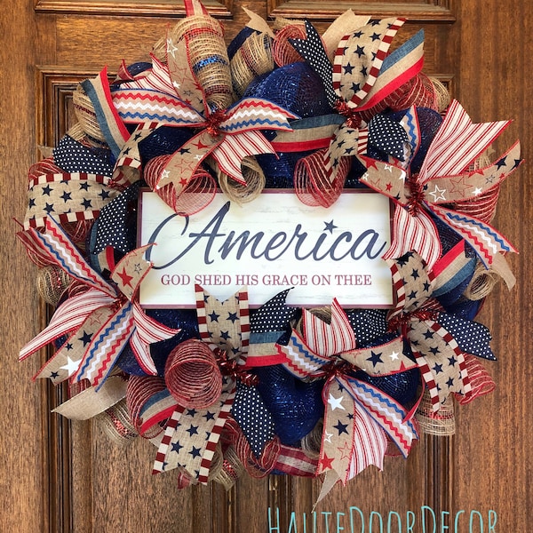 America deco mesh wreath, patriotic wreath, farmhouse wreath, summer wreath, 4th of July, patriotic farmhouse wreath, deco mesh wreath