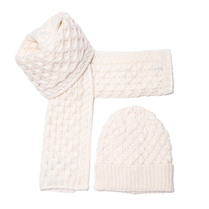 May include: A white knitted scarf and hat set. The scarf is folded and the hat is laying flat.