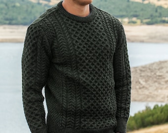 Men's Cable Knit Aran Fisherman's Sweater Army Green