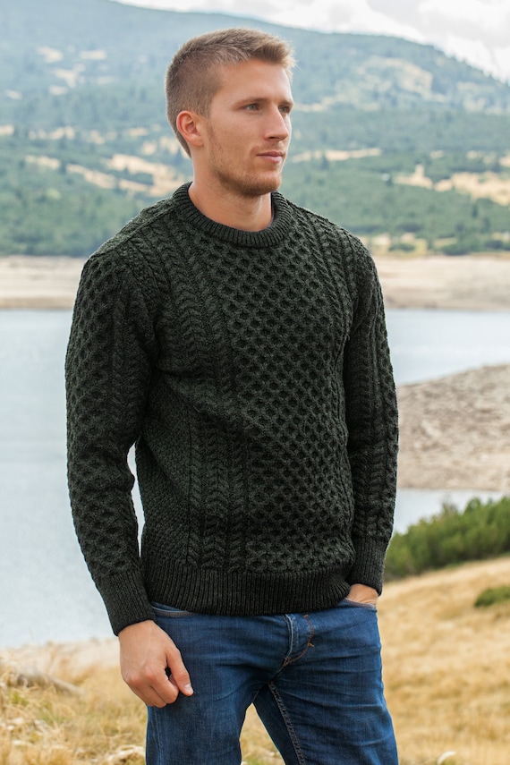 Men's Cable Knit Aran Fisherman's Sweater Army Green -  UK
