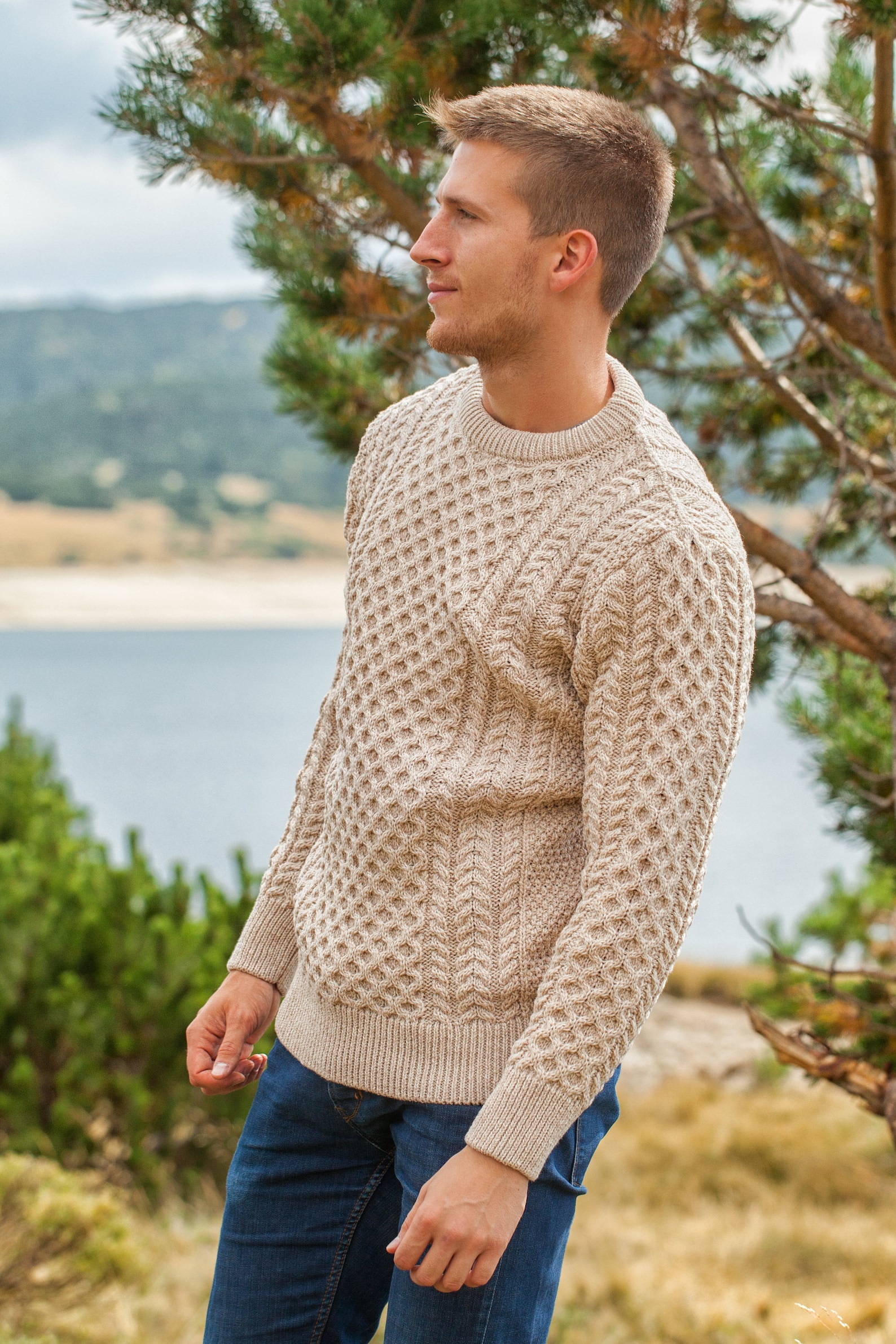 Men's Cable Knit Aran Fisherman's Sweater Camel Beige - Etsy