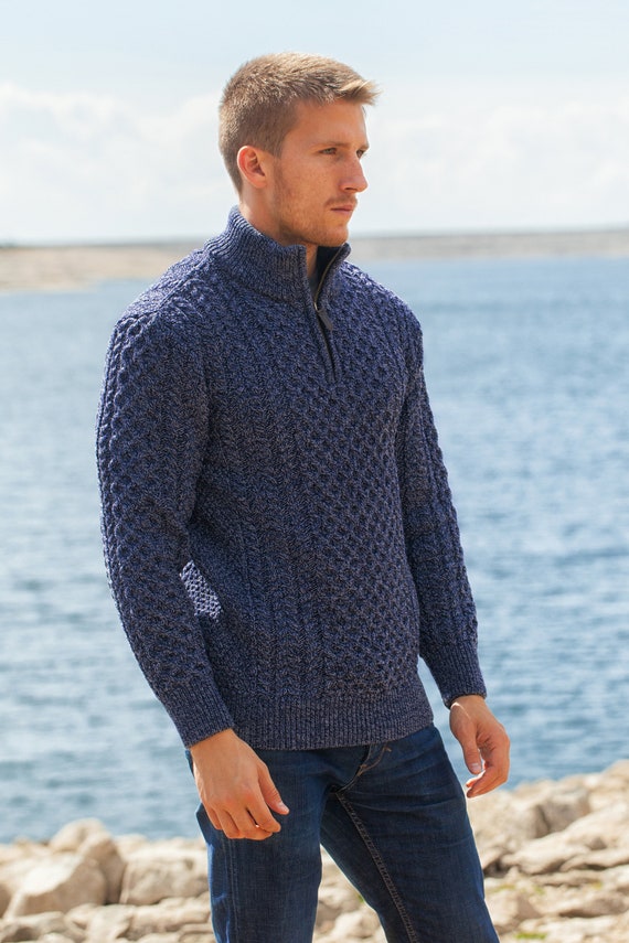 Men's Cable Knit Aran Sweater Denim Blue Marl 