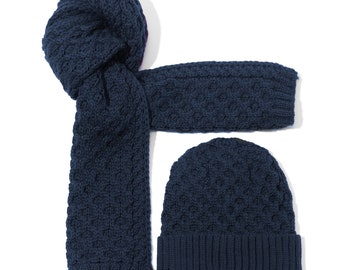 Merino Wool Cable Knit Hat and Scarf in NAVY