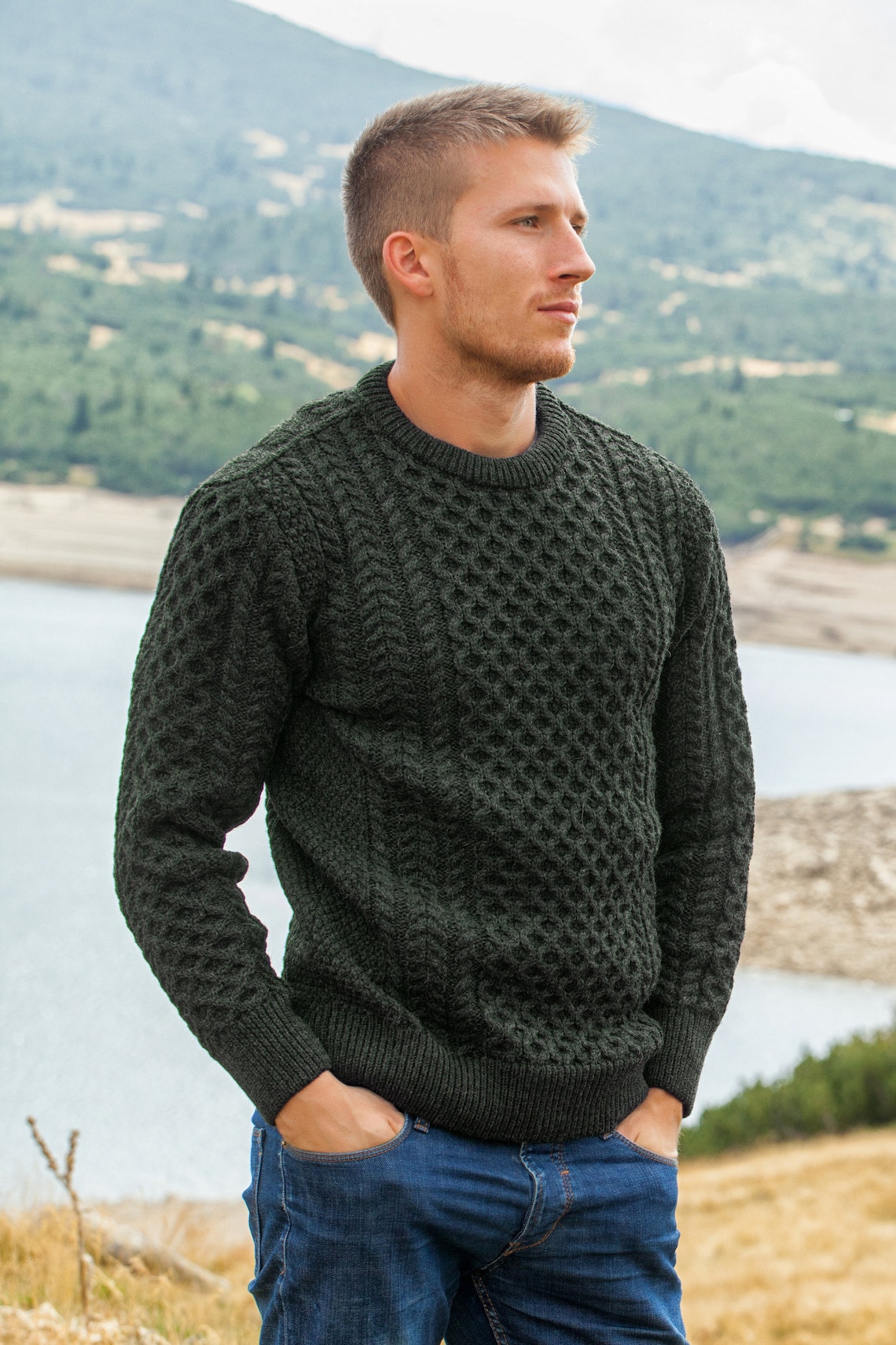 Men's Cable Knit Aran Fisherman's Sweater Army Green Etsy