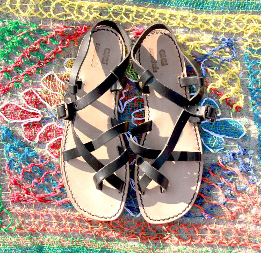 Black Leather Strappy Sandals Etsy