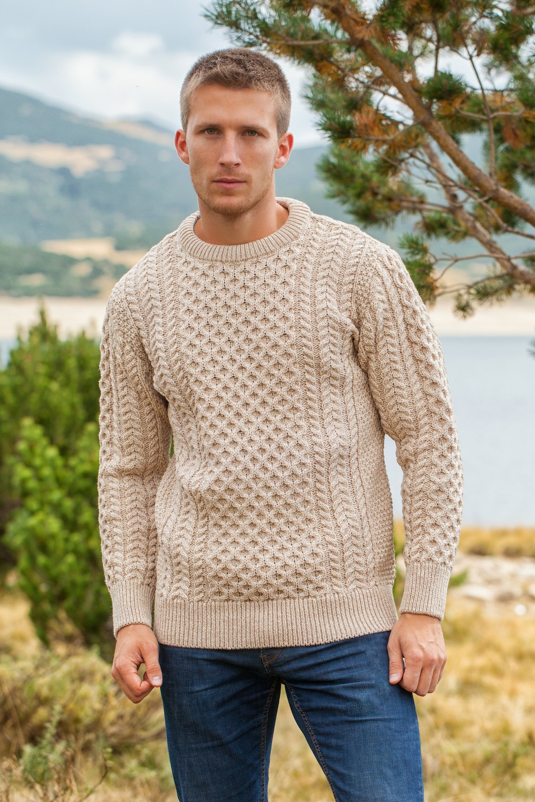 Men's Cable Knit Aran Fisherman's Sweater Camel Beige Etsy