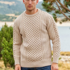 Men's Cable Knit Aran Fisherman's Sweater Camel Beige