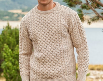 Men's Cable Knit Aran Fisherman's Sweater Camel Beige