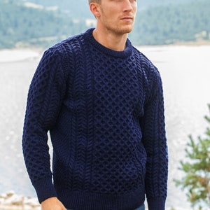 Men's Cable Knit Aran Fisherman's Sweater Dark Blue image 1