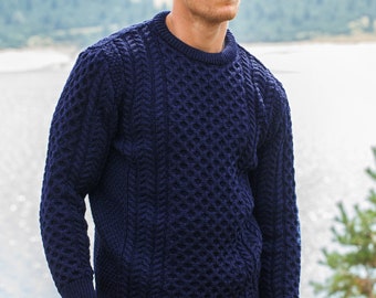 Men's Cable Knit Aran Fisherman's Sweater Dark Blue